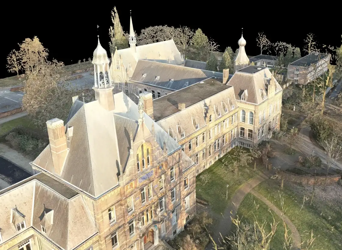 3D-model van een gebouw, opgebouwd uit dronefoto's
