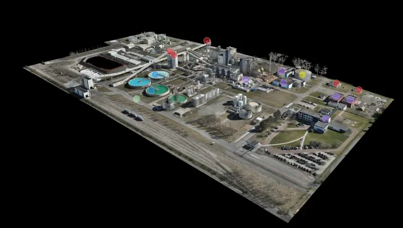3D-model van een industrieterrein met bassins en tanks