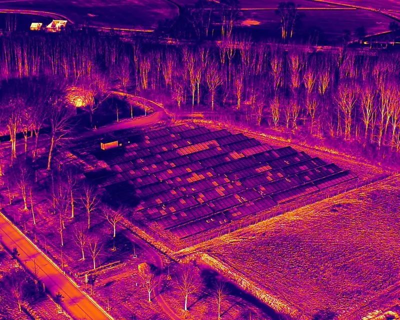 Warmtebeeld van een zonnepark, waarop enkele panelen warmer zijn dan de rest