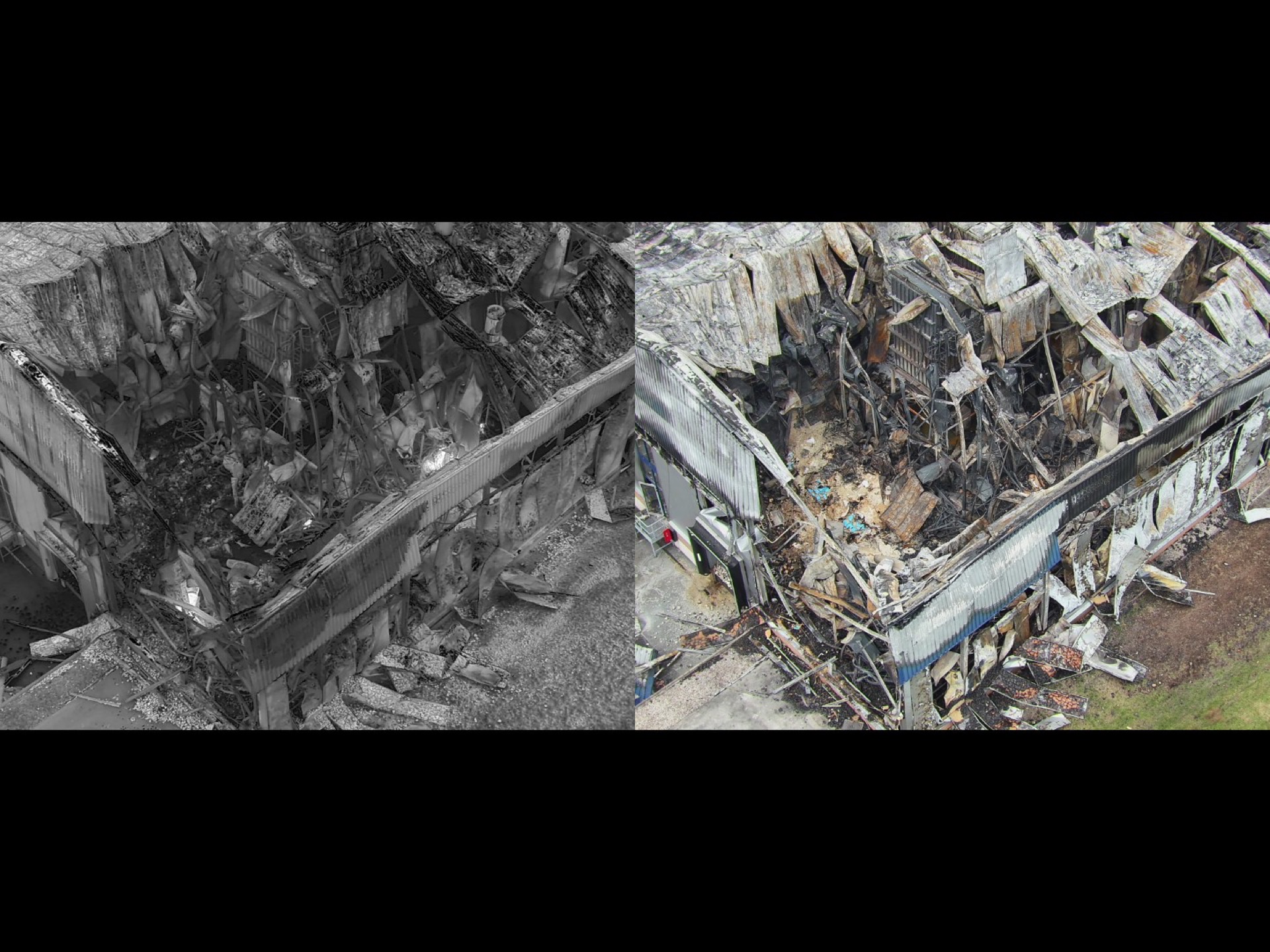 Ten Kate solar panel inspection after fire damage, post-fire damage assessment, safe distance drone inspection, rapid damage evaluation