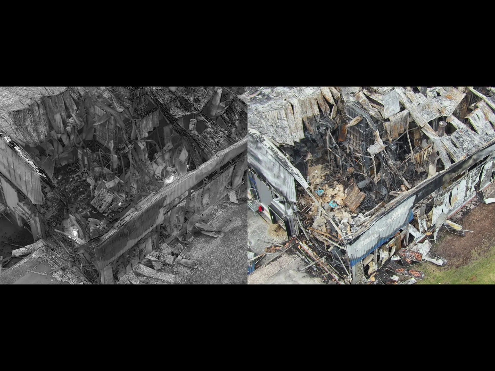 Ten Kate solar panel inspection after fire damage, post-fire damage assessment, safe distance drone inspection, rapid damage evaluation
