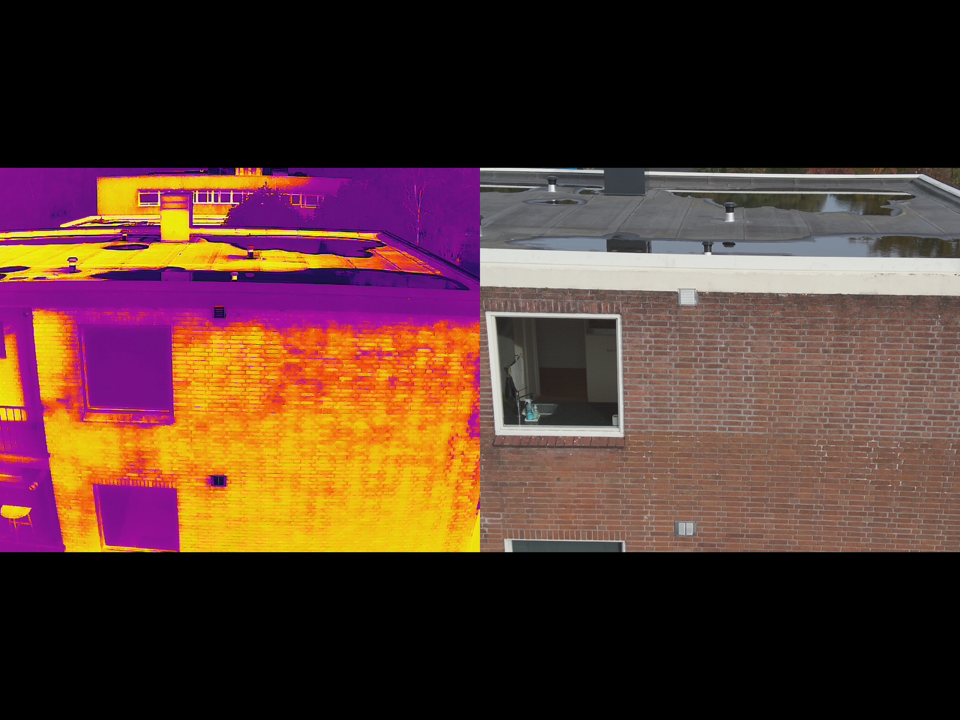 Apartment complex thermal inspection moisture detection, thermal imaging camera water bridge identification, building diagnostics drone survey